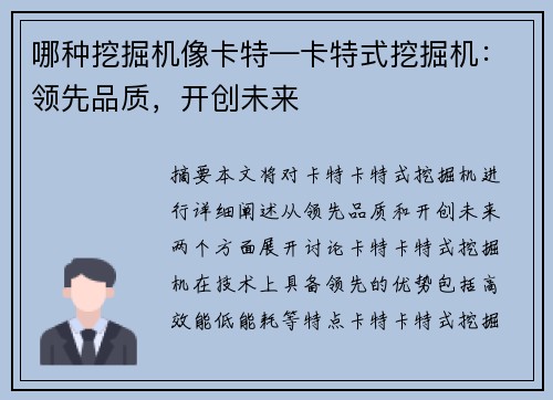 哪种挖掘机像卡特—卡特式挖掘机：领先品质，开创未来