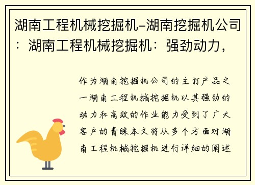湖南工程机械挖掘机-湖南挖掘机公司：湖南工程机械挖掘机：强劲动力，高效作业