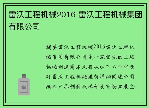 雷沃工程机械2016 雷沃工程机械集团有限公司